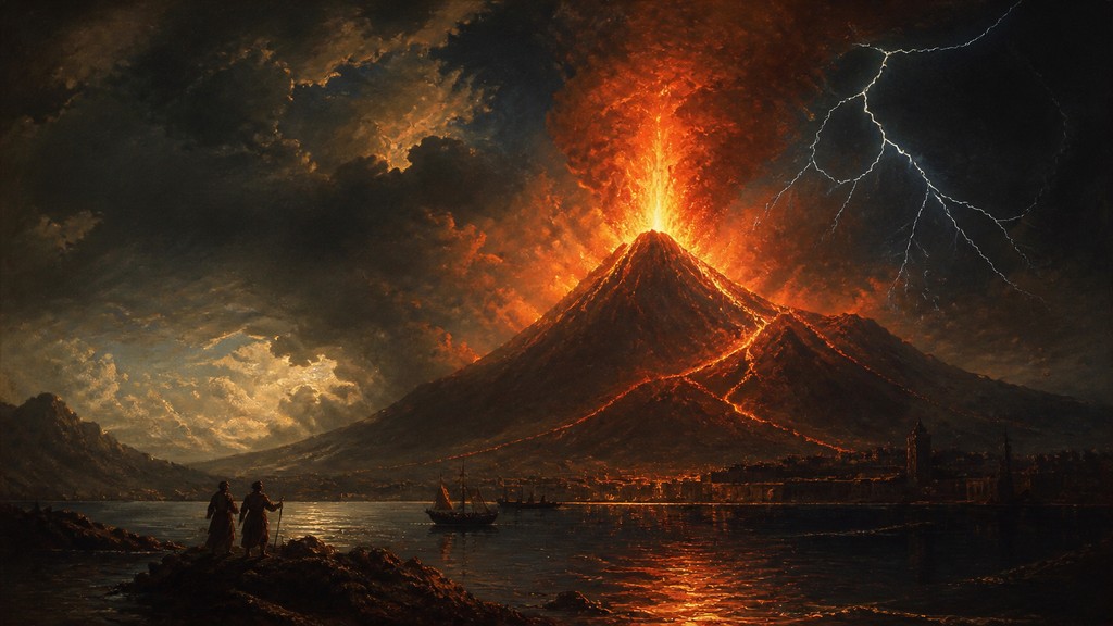 an erupting volcano with lightning strikes, dramatic wide composition, no text