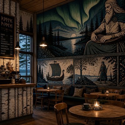 cozy cafe interior with warm lighting