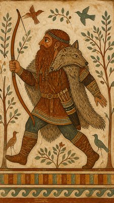 full-body original character: a dwarven ranger with a braided auburn beard, worn leather armor, a longbow and a wolf-pelt cloak, neutral background, no text