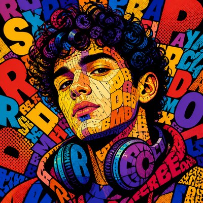 head-and-shoulders portrait of an original character: a young man with curly dark hair and headphones around his neck, plain backdrop, no text