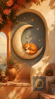 a sleeping baby fox curled on a crescent moon among soft stars, gentle and warm, no text