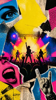 a live music scene with a glowing stage and silhouetted crowd, energetic vertical composition with open space at the top, no text