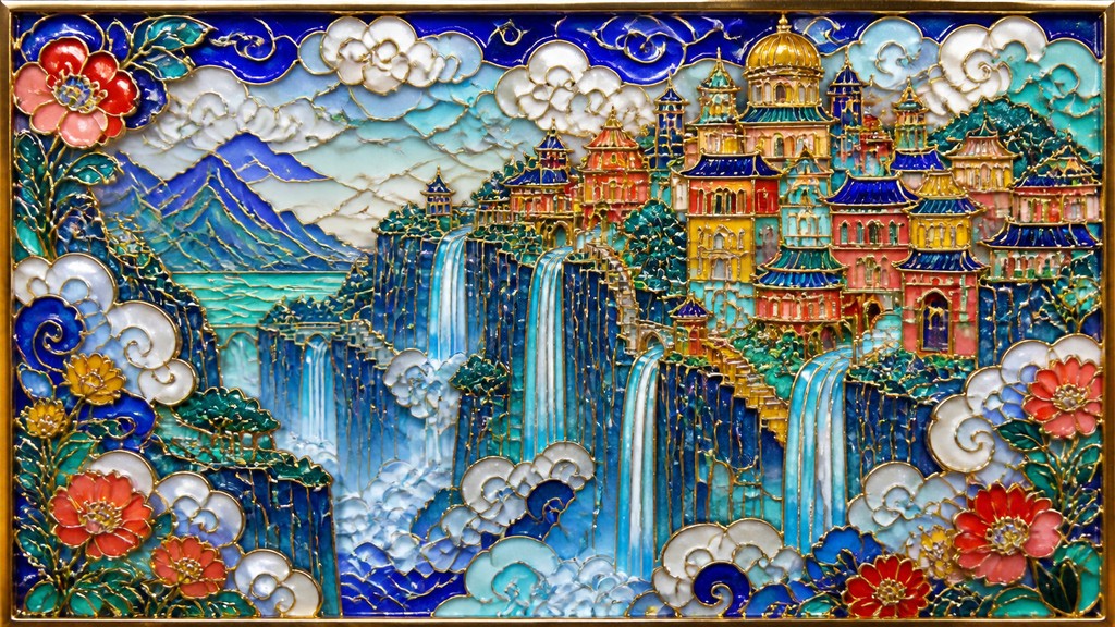 a cliffside city with waterfalls cascading into a misty canyon, wide establishing shot, no people, no text