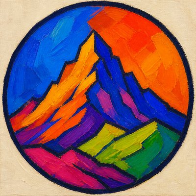 an emblem of a mountain peak inside a circle, simple bold shapes on a plain background, no text or lettering