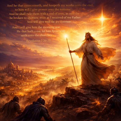 “And he that overcometh, and keepeth my works unto the end, to him will I give power over the nations: And he shall rule them with a rod of iron; as the vessels of a potter shall they be broken to shivers: even as I received of my Father. And I will give him the morning star. He that hath an ear, let him hear what the Spirit saith unto the churches.” (Revelation 2:26-29, KJV)
