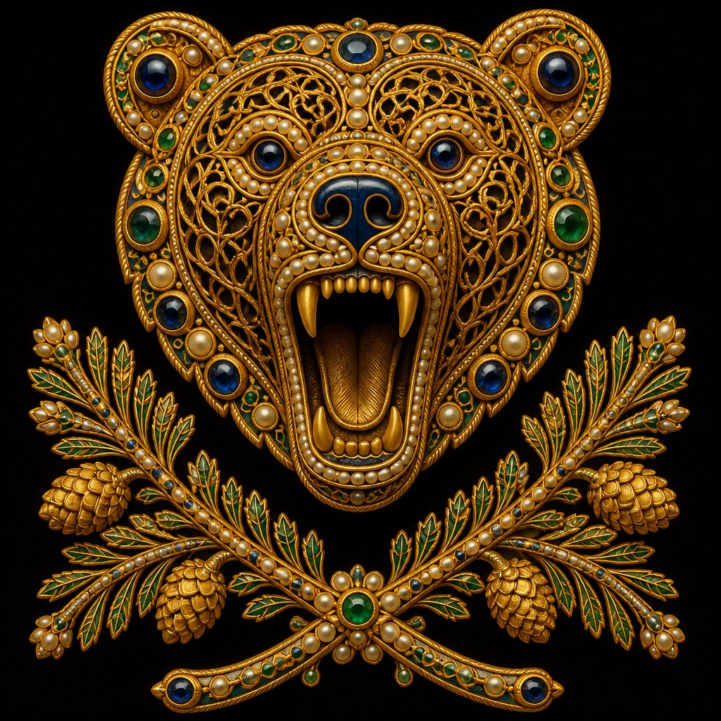 a roaring bear head above crossed pine branches, bold graphic composition on a plain background, no text