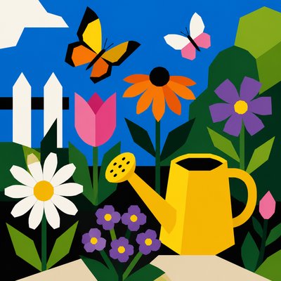 a garden scene with butterflies, flowers and a watering can, clean uncolored line art, no text