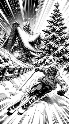 a snow-covered cottage with warm glowing windows beside a decorated pine tree, gentle snowfall, no text