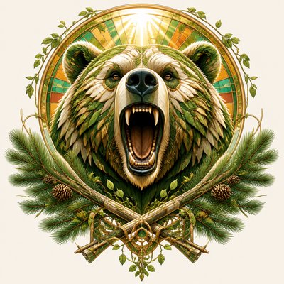 a roaring bear head above crossed pine branches, bold graphic composition on a plain background, no text