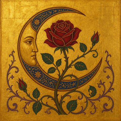 a rose entwined with a crescent moon, clean balanced composition on a plain background, no text