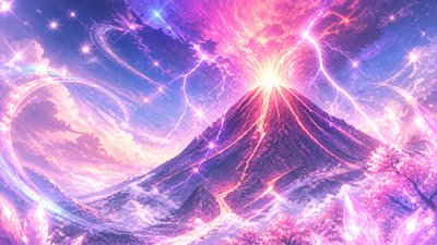 an erupting volcano with lightning strikes, dramatic wide composition, no text