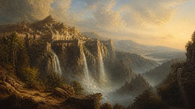a cliffside city with waterfalls cascading into a misty canyon, wide establishing shot, no people, no text