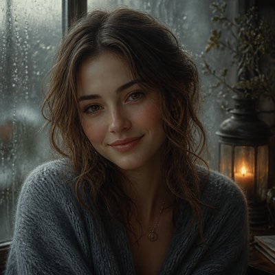 head-and-shoulders portrait of an original character: a young woman with wavy chestnut hair and a warm smile, plain soft backdrop