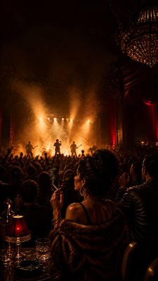 a live music scene with a glowing stage and silhouetted crowd, energetic vertical composition with open space at the top, no text