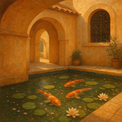 A koi pond seen from above, orange and white koi fish swimming among lily pads, clear water with subtle ripples, fallen cherry blossom petals floating on the surface, dappled sunlight