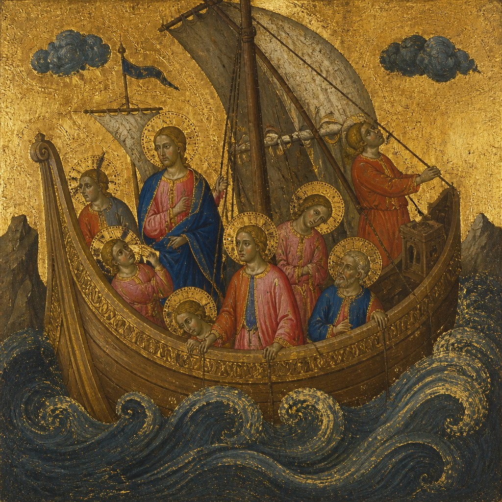 sailing ship on a stormy sea — Sienese Gothic Art Style