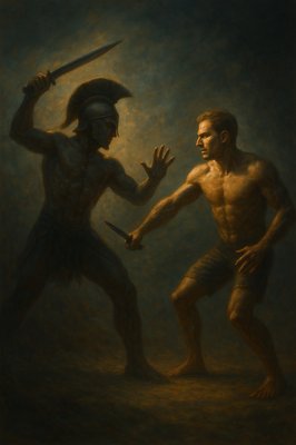 a painting of a man holding a sword next to a demon