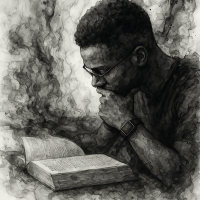 a drawing of a man reading a book