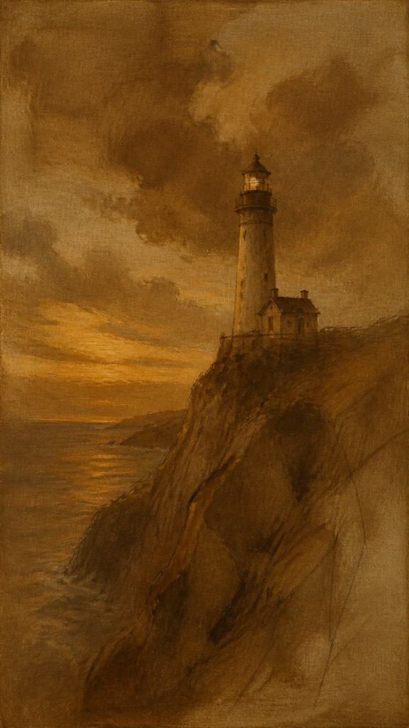 a lone lighthouse on a cliff at dusk under a dramatic sky, no text or lettering