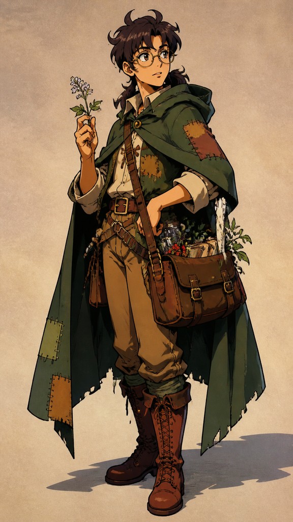 full-body original character: a wandering botanist with a satchel of plants, a patched green cloak, tall boots and round glasses, neutral background
