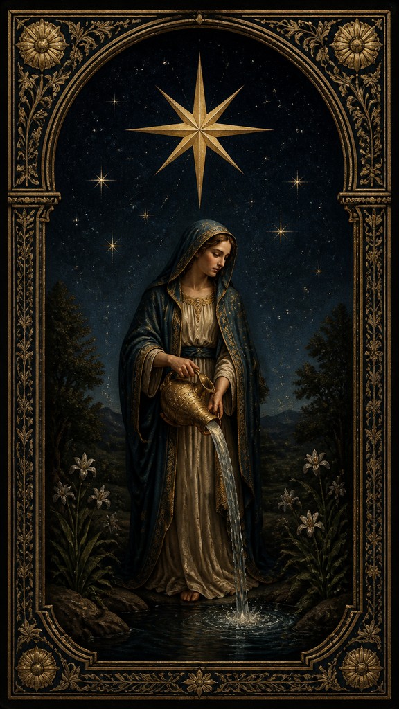 a robed figure pouring water beneath a large eight-pointed star in a night sky, symmetrical composition with an ornate decorative border, no text