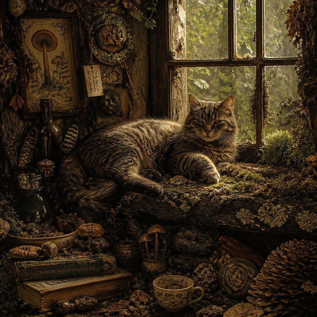a cat lounging in a sunlit window — Goblincore Aesthetic