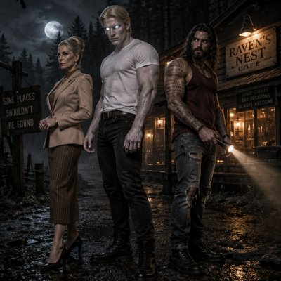 Je veux trois personnages en mode horreur , une femme, un peu âgée avec un chignon hyper élégante habillé en beige et marron, jupe, blazer, talons, un deuxième personnage sexe masculin, quelqu’un avec des yeux blanc comme si il etait entrain de briller , il est pal et tres blanc, blond les cheveux cour en arrière et sexy musclé pas maigre, il est baraqué et en tee shirt blanc un jean noir et des botes et un troisième personnage un homme cheveux longs barbe débardeur rouge nuit il tient une lampe torche,  il a des tatouages partout comme des paroles et des écritures horizontales sauf sur son visage il a un jean déchiré un peu et grand musclé un peu poilu je veux qu’on dirait une affiche d’horreur qui soit dans les bois ou dans une petite ville ou dans un café peu importe, il y a une ambiance angoissant et autour de eux c’est la lumière