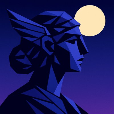 a stylized image of a statue with a full moon in the background