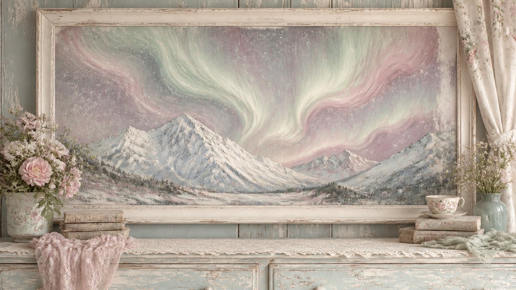 a flowing aurora over snowy peaks, wide sweeping composition, no people, no text