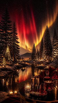 a snowy pine forest under the northern lights, no people