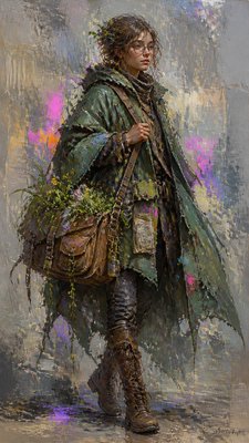 full-body original character: a wandering botanist with a satchel of plants, a patched green cloak, tall boots and round glasses, neutral background