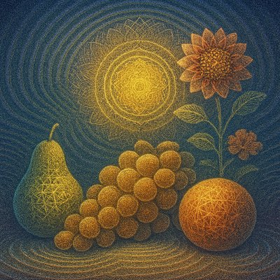 still life arrangement of fruits and flowers