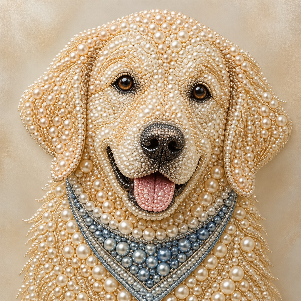 portrait of a golden retriever wearing a blue bandana, warm plain backdrop, no text