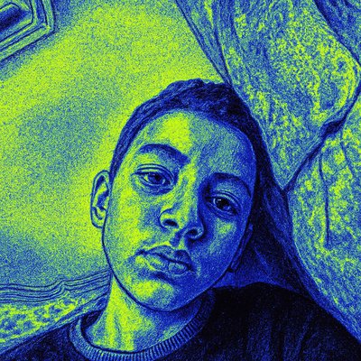 a drawing of a young man in a black shirt