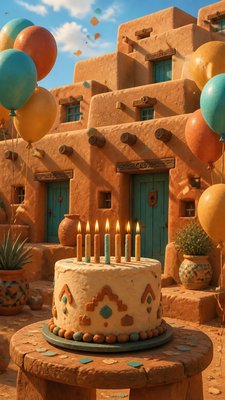 a birthday cake with lit candles surrounded by balloons and confetti, festive vertical composition, no text