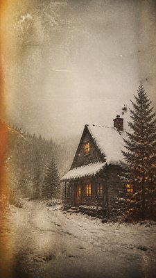 a snow-covered cottage with warm glowing windows beside a decorated pine tree, gentle snowfall, no text