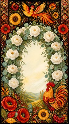 an arch of white roses and eucalyptus in soft morning light, elegant vertical composition with open space, no text