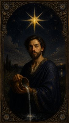 a robed figure pouring water beneath a large eight-pointed star in a night sky, symmetrical composition with an ornate decorative border, no text