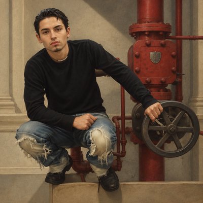 a man sitting on a ledge next to a red pipe
