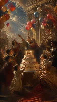 a birthday cake with lit candles surrounded by balloons and confetti, festive vertical composition, no text