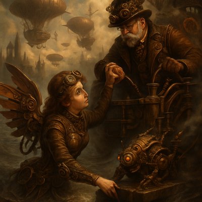 Please remake the image of the famous painting "THE HELPING HAND" by Renouf in steampunk fantasy style. 