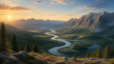 a vast valley with a river winding toward distant mountains at sunrise, no people, no text