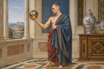 a painting of a man holding a golden ball
