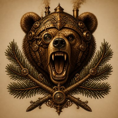 a roaring bear head above crossed pine branches, bold graphic composition on a plain background, no text
