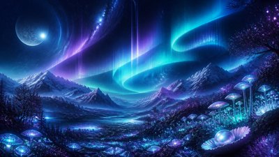 a flowing aurora over snowy peaks, wide sweeping composition, no people, no text
