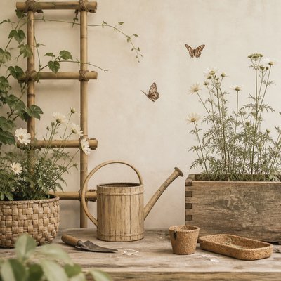 a garden scene with butterflies, flowers and a watering can, clean uncolored line art, no text
