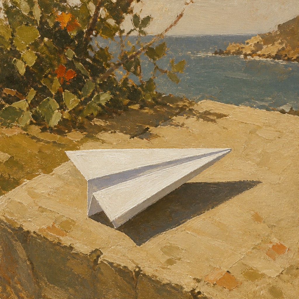 a paper plane, clean minimal composition on a plain background, no text