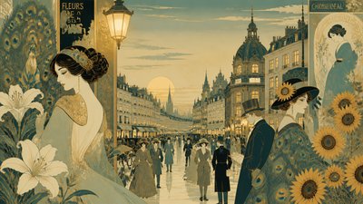 bustling city street panorama at dusk