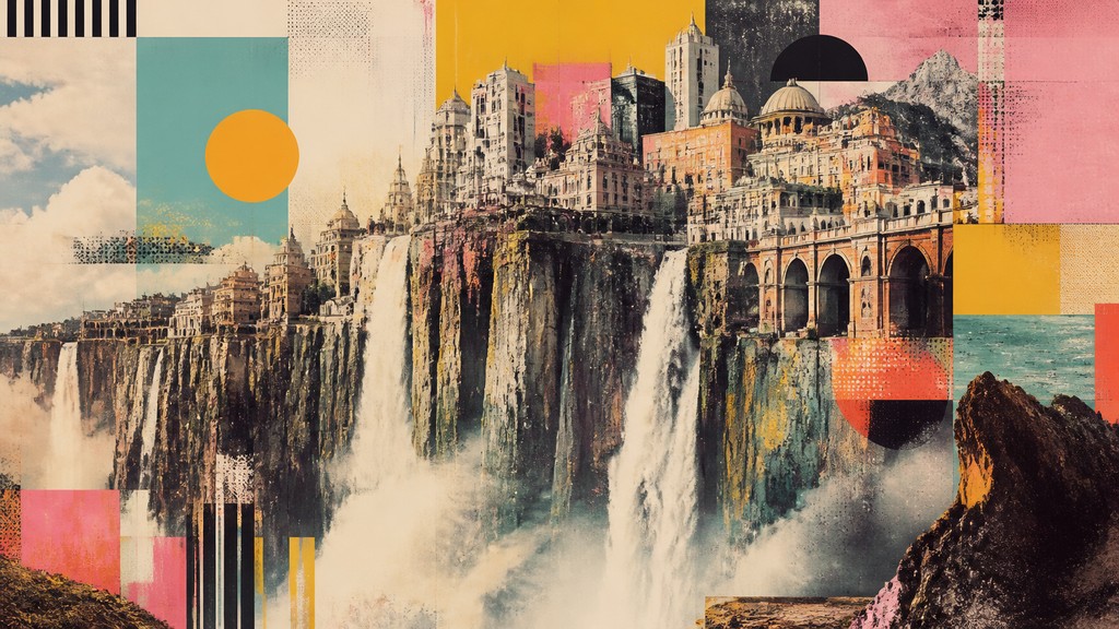 a cliffside city with waterfalls cascading into a misty canyon, wide establishing shot, no people, no text