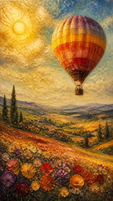 a hot air balloon drifting over rolling flower fields on a sunny day, cheerful, no text